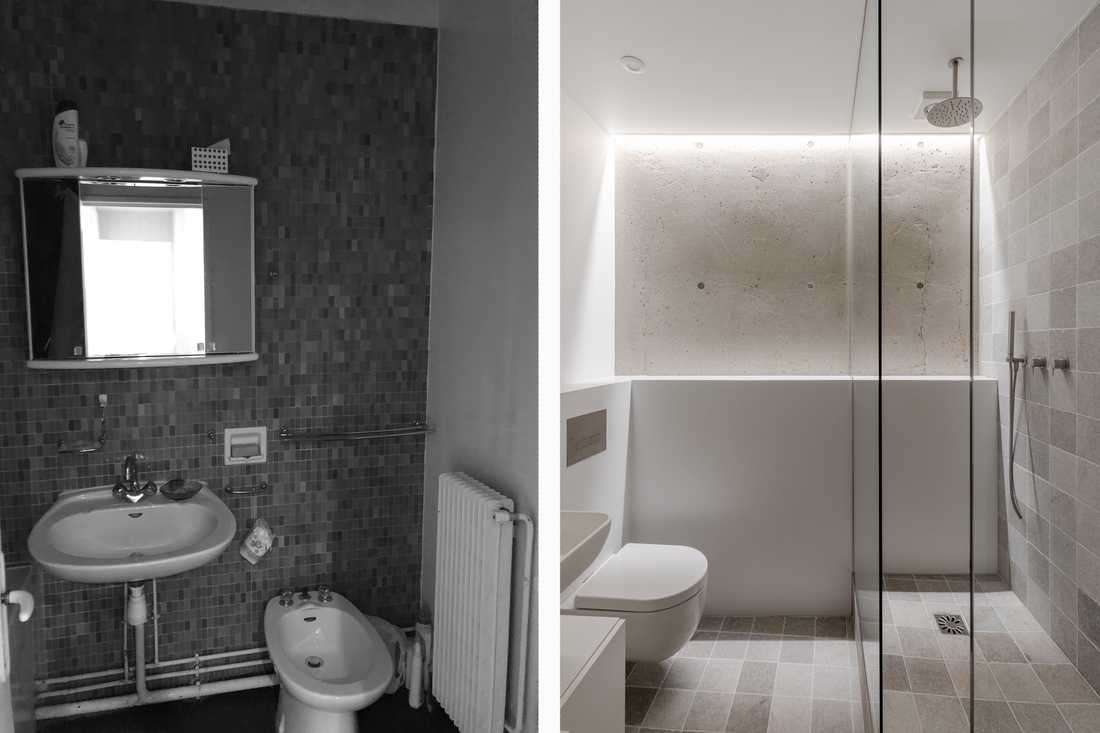 Avant - après : Rénovation de la salle de bain d'un appartement des années 70 à Paris