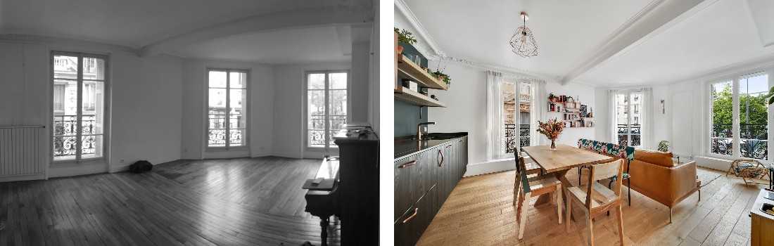 Avant - Après : Redistribution d'un appartement de 100 m² -  Séjour / cuisine avec table à manger
